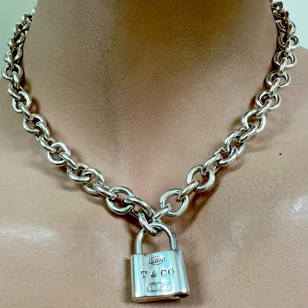 Tiffany & Co Sterling Silver Lock Padlock Tag Pendant Chain Necklace